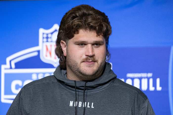 Wisconsin center Joe Tippmann speaks at the 2023 NFL Combine